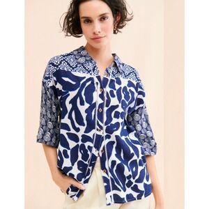 Anthropologie Navy Roll Sleeve Button Down Printed Linen Bled Shirt XS